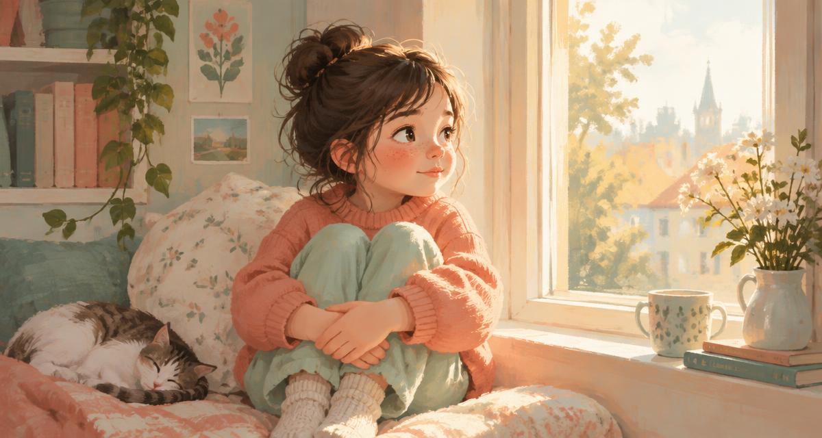 Sensitive child sitting by a window hugging their knees in soft light