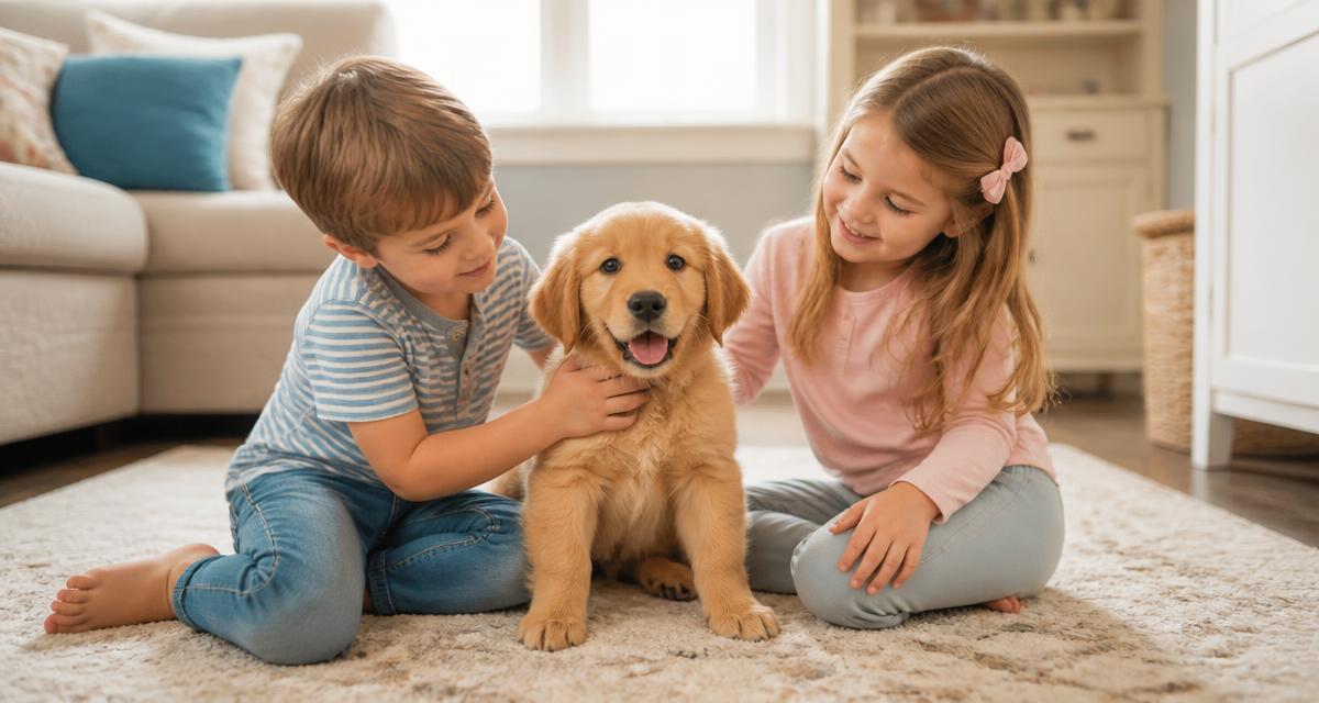 Two children petting a golden retriever puppy in a bright living room